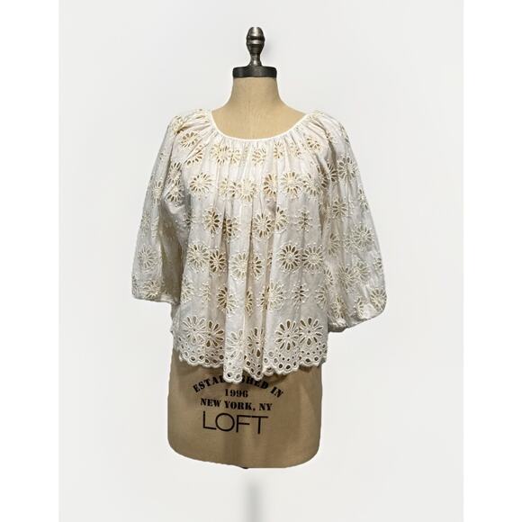 MADEWELL Embroidered Shirred Puff-Sleeve Top M Floral Eyelet Ivory Boho Peasant - Picture 1 of 12